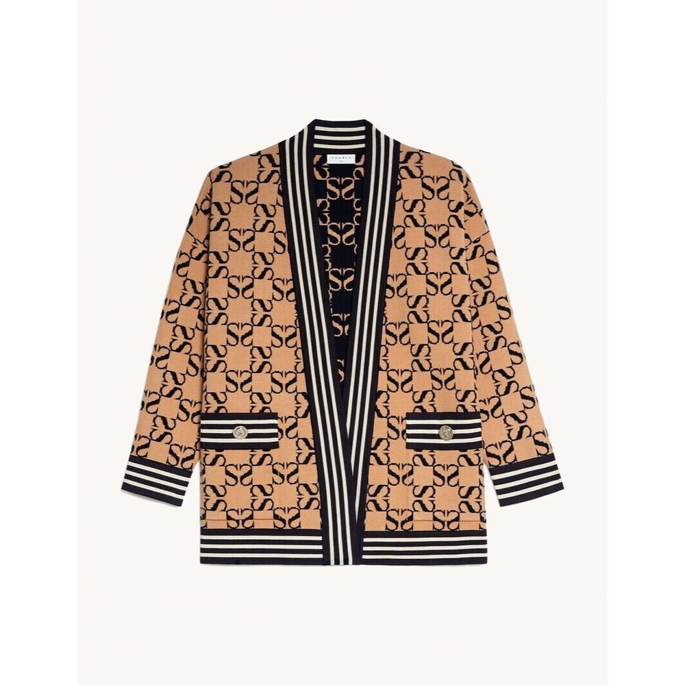 SANDRO Ron Brown Black Reversible Oversized Jacquard Logo Cardigan - 1 (Small) - Picture 2 of 5